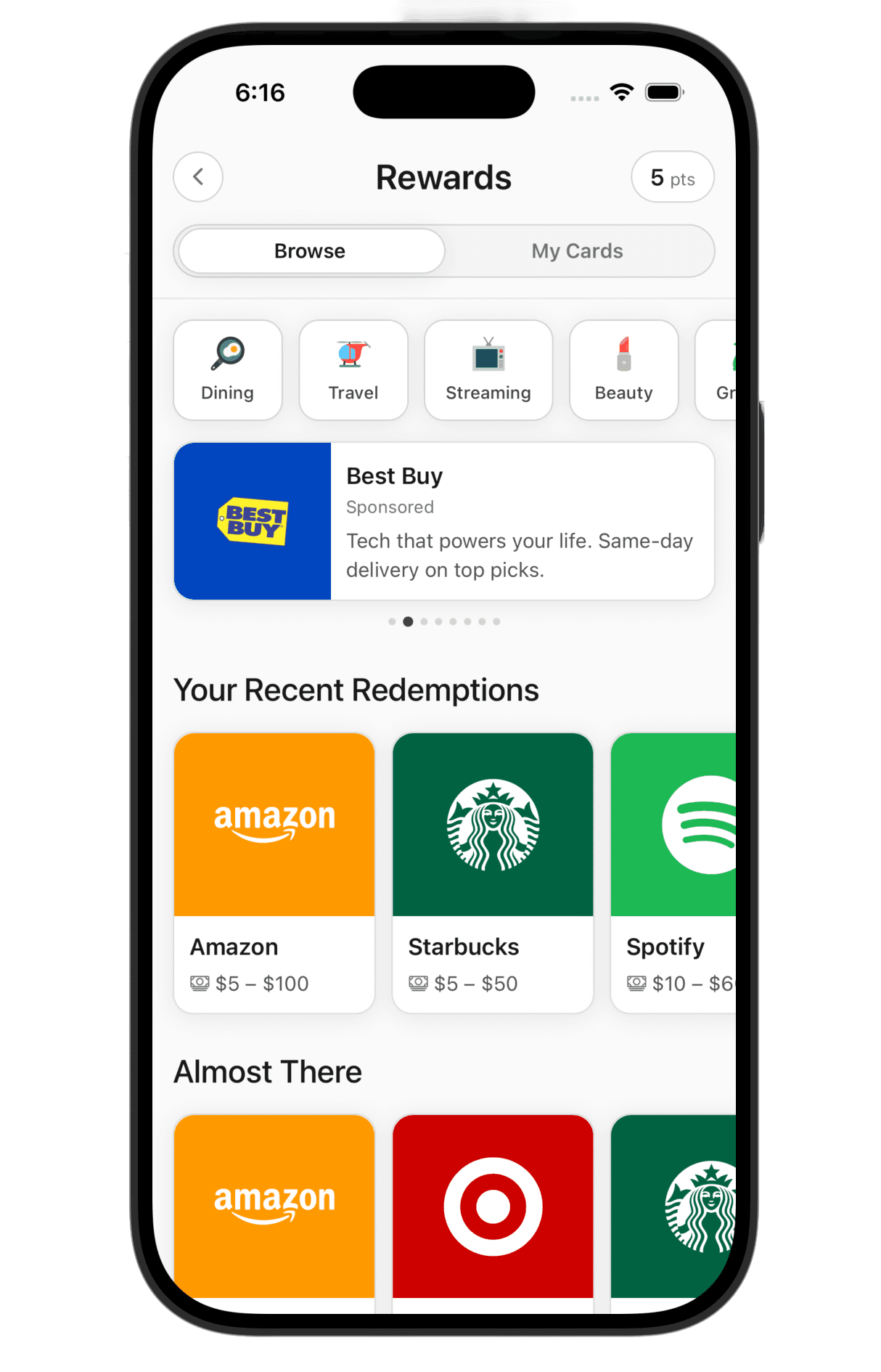 Trade Up Rewards Center showing a points balance and gift cards from popular brands