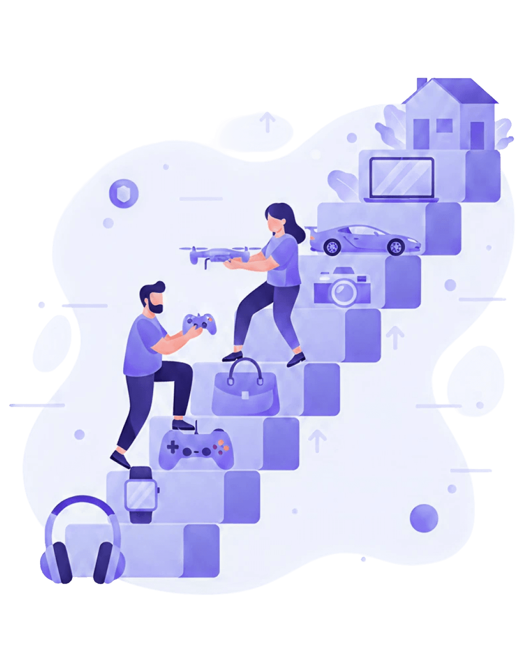 Two people climbing a staircase built from traded items—headphones, game controllers, a bag, a camera, a car—up to a house